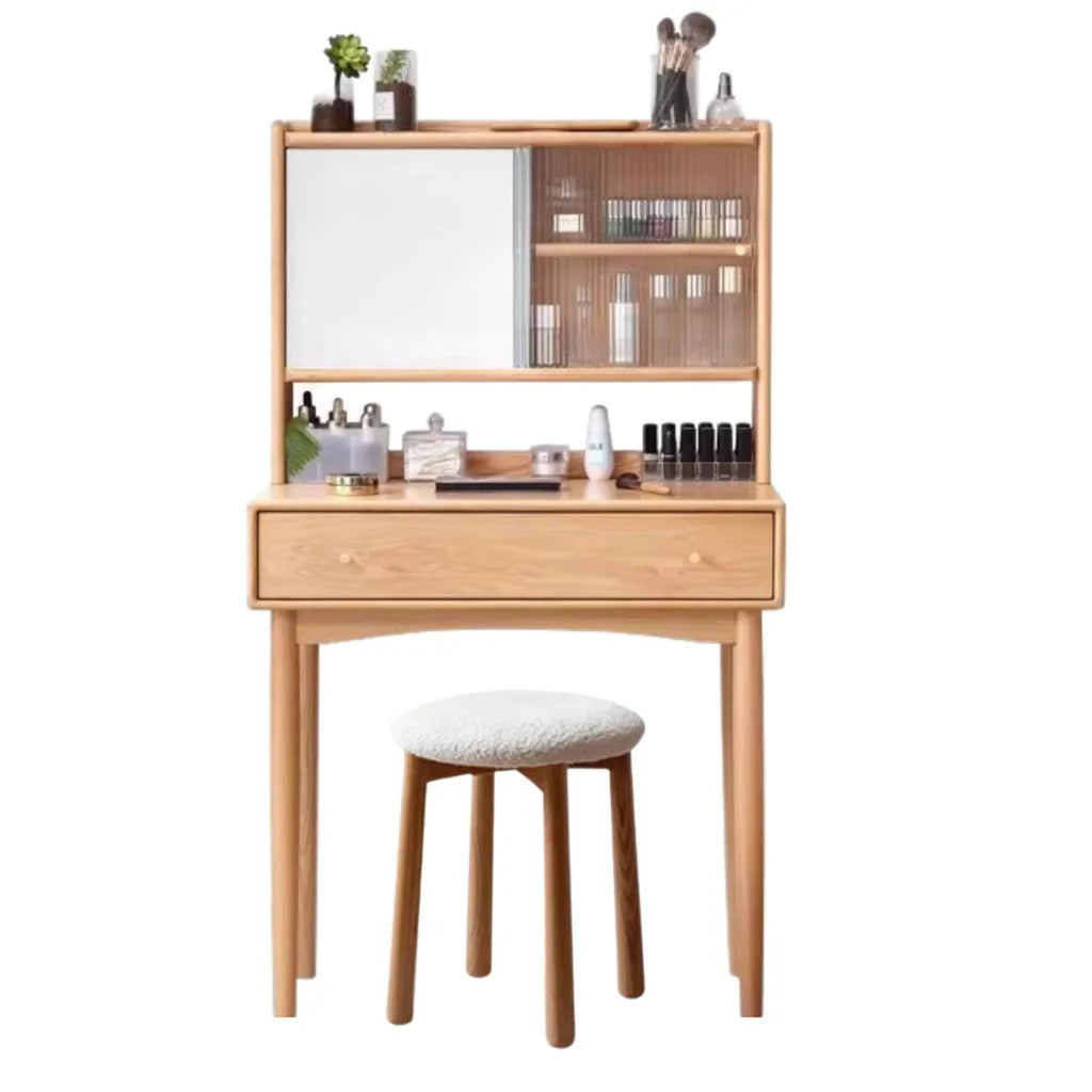 Oak Wood Dressing Table With Sliding Mirror And Storage Drawer