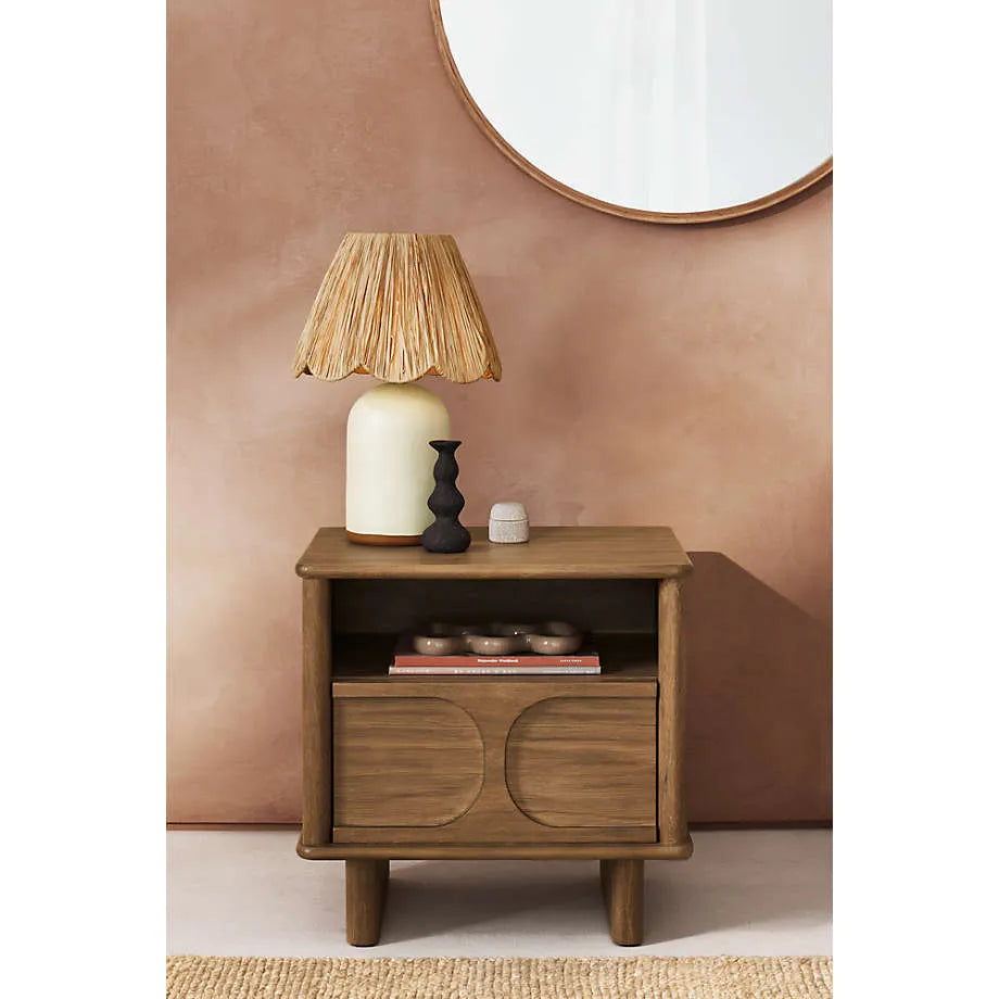 Oak Wood Nightstand With Drawer And Open Shelf