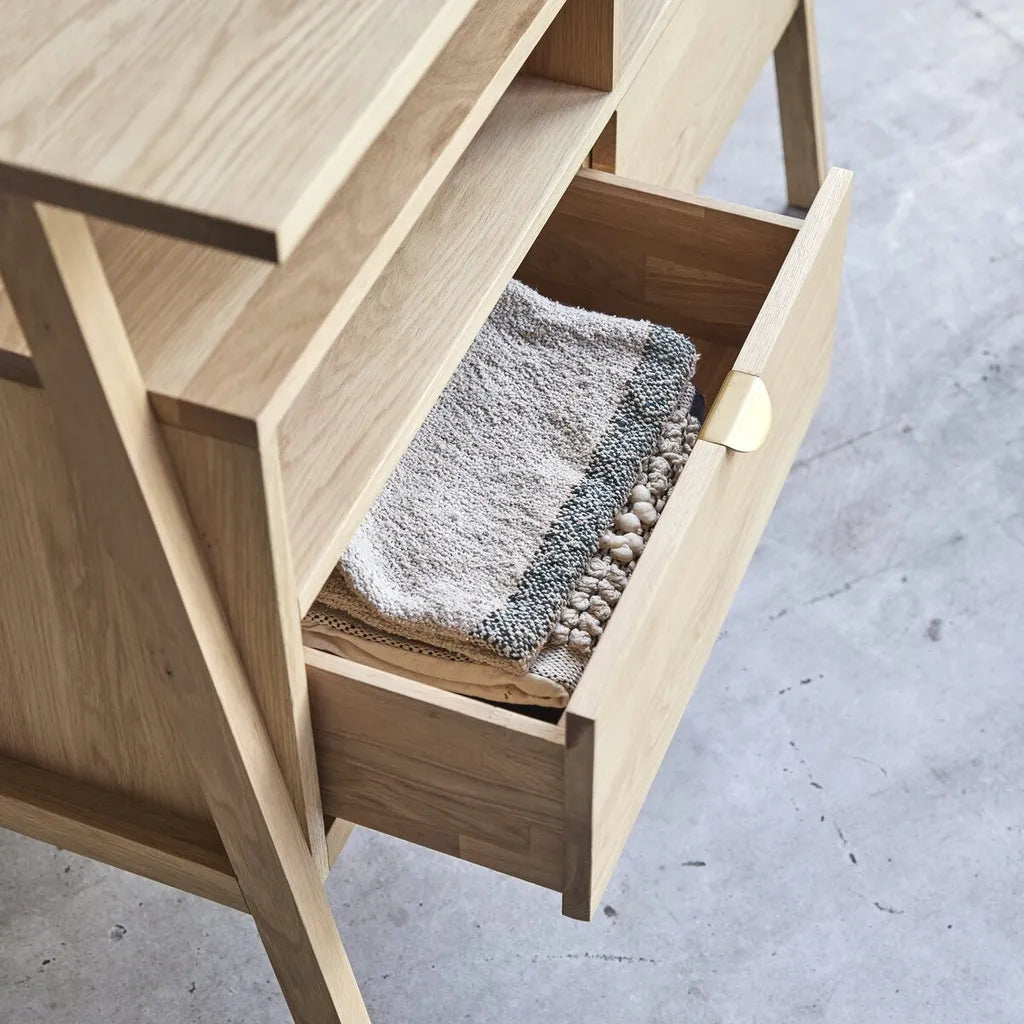Oak Wood Storage Cabinet With Natural Veneer And Wide Drawers