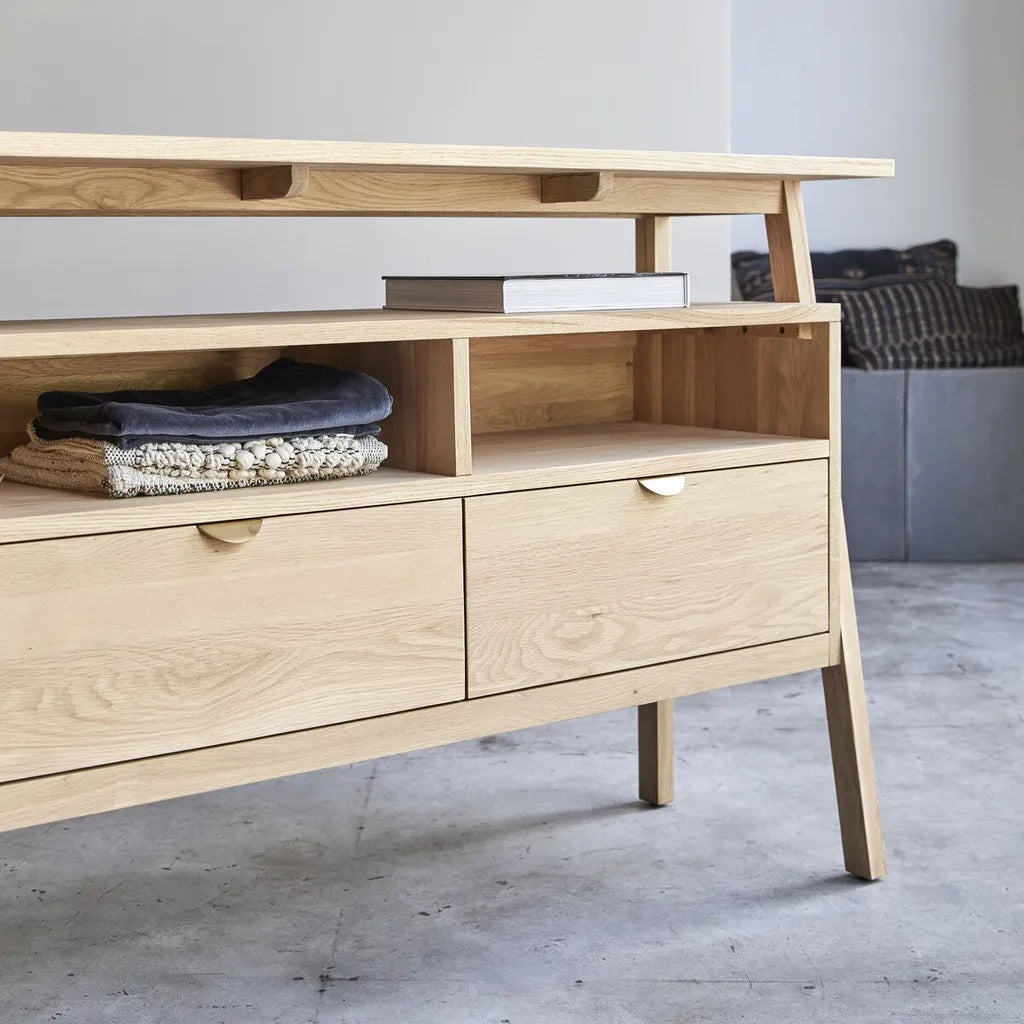 Oak Wood Storage Cabinet With Natural Veneer And Wide Drawers