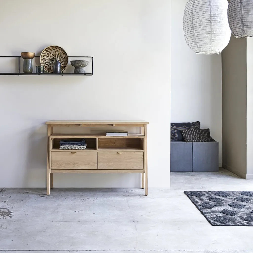 Oak Wood Storage Cabinet With Natural Veneer And Wide Drawers