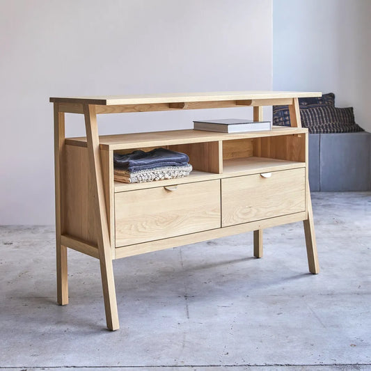 Oak Wood Storage Cabinet With Natural Veneer And Wide Drawers
