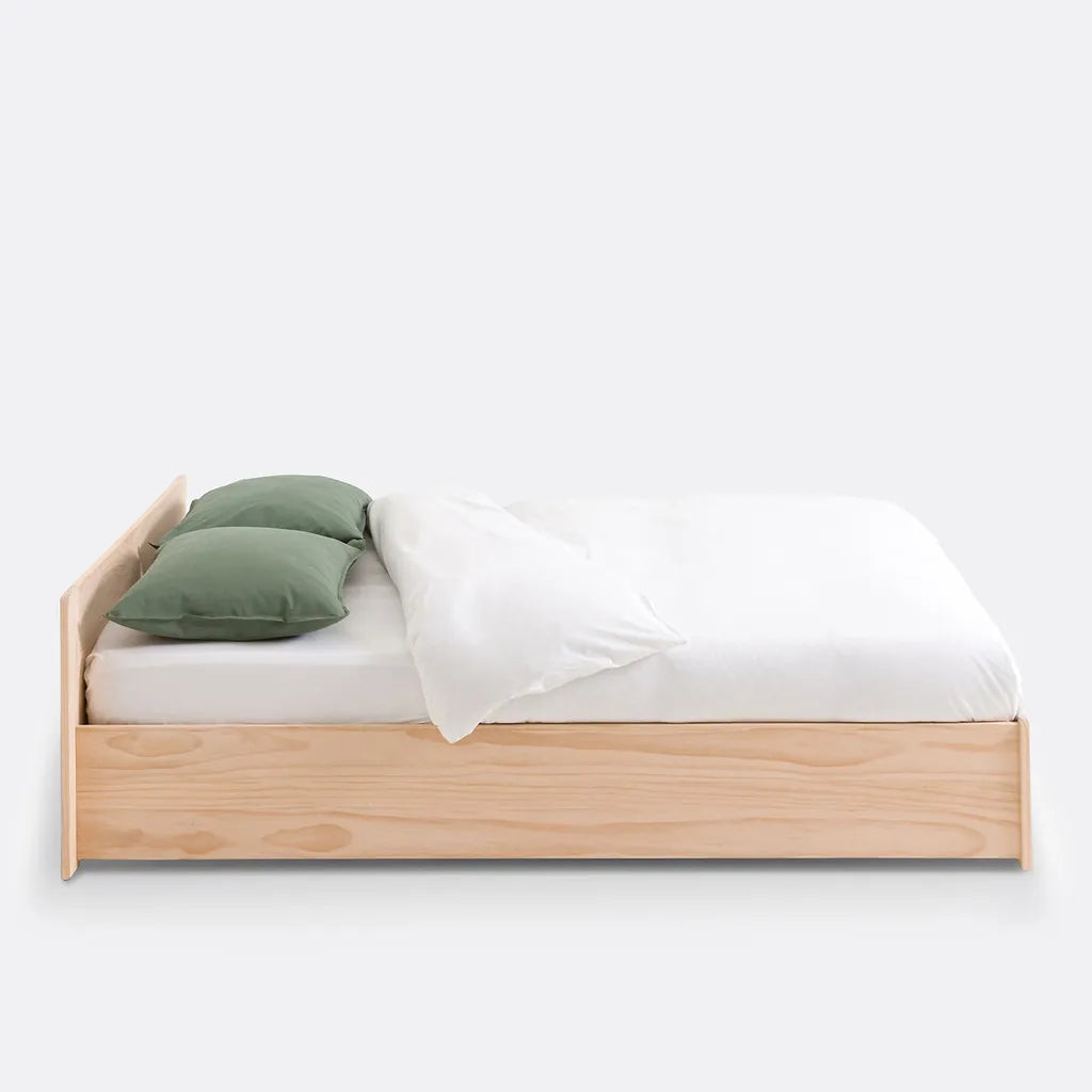 Pine Wood Bed Frame With Slatted Headboard And Natural Finish