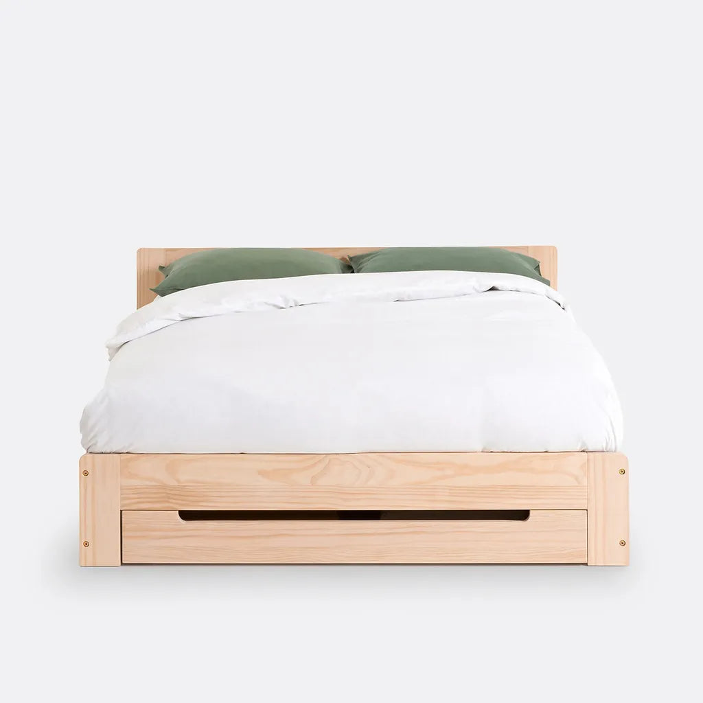 Pine Wood Bed Frame With Slatted Headboard And Natural Finish