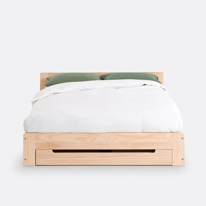Pine Wood Bed Frame With Slatted Headboard And Natural Finish