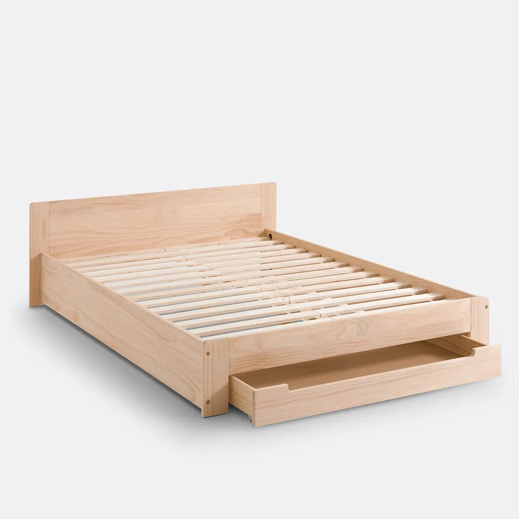 Pine Wood Bed Frame With Slatted Headboard And Natural Finish