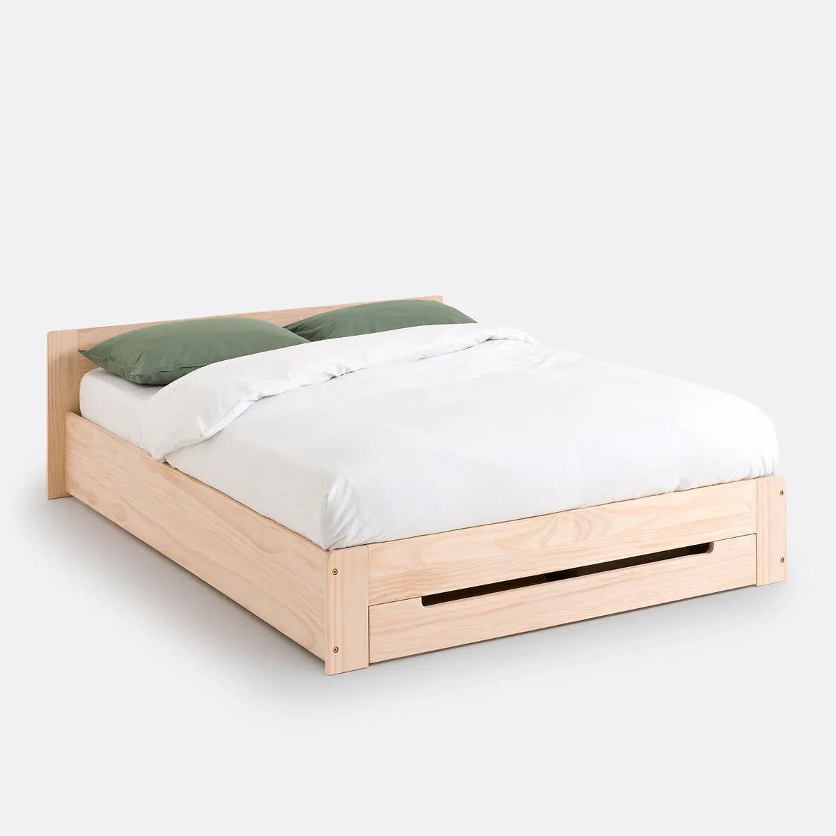 Pine Wood Bed Frame With Slatted Headboard And Natural Finish