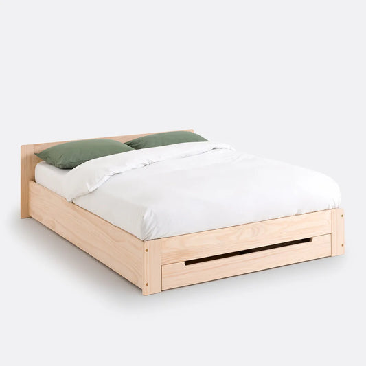 Pine Wood Bed Frame With Slatted Headboard And Natural Finish