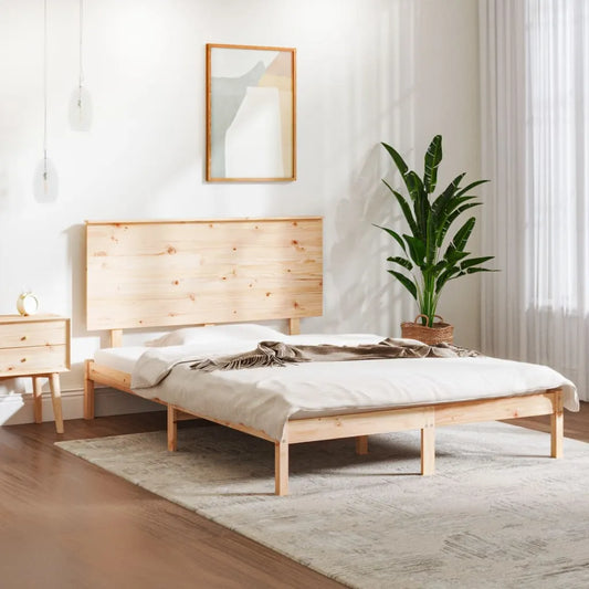 Pine Wood Bed Frame With Slatted Headboard And Sturdy Design
