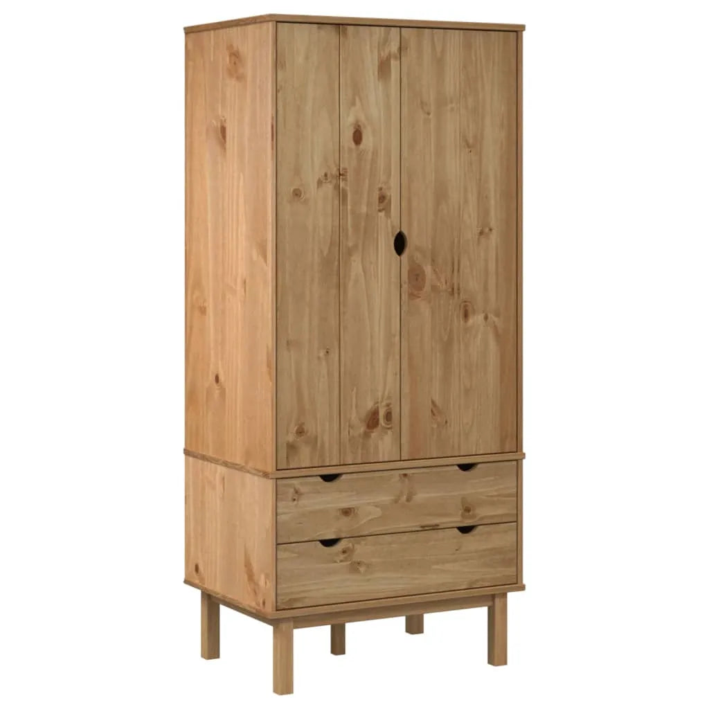 Pine Wood Wardrobe With Double Doors And Vertical Storage