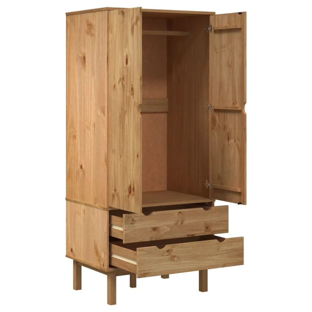 Pine Wood Wardrobe With Double Doors And Vertical Storage