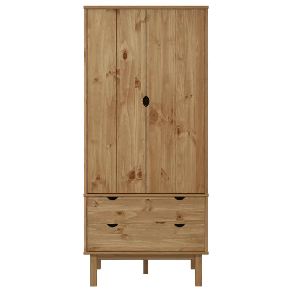Pine Wood Wardrobe With Double Doors And Vertical Storage