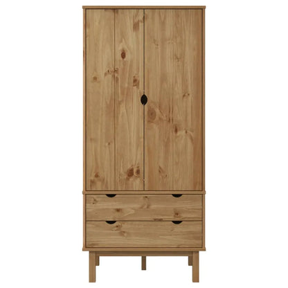 Pine Wood Wardrobe With Double Doors And Vertical Storage