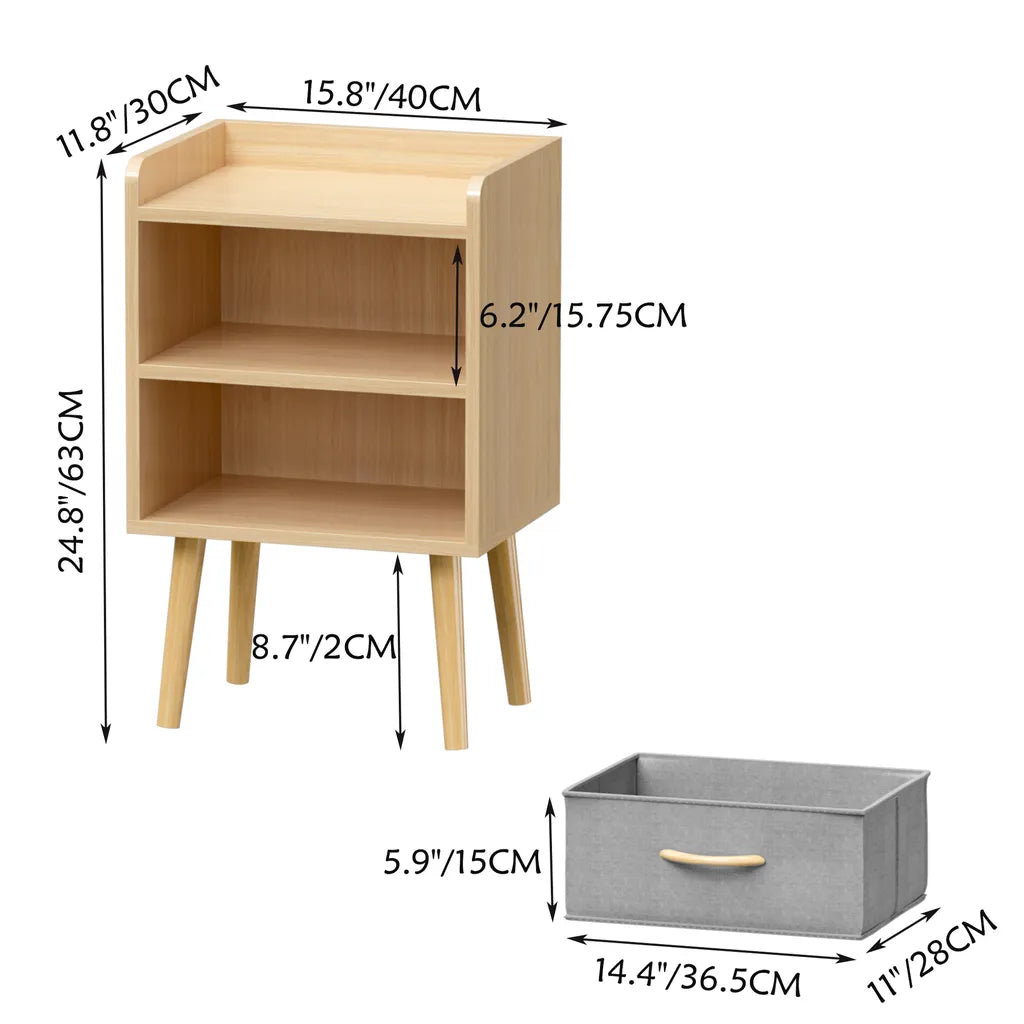 Slim Oak Wood Nightstand With Single Drawer And Open Shelf