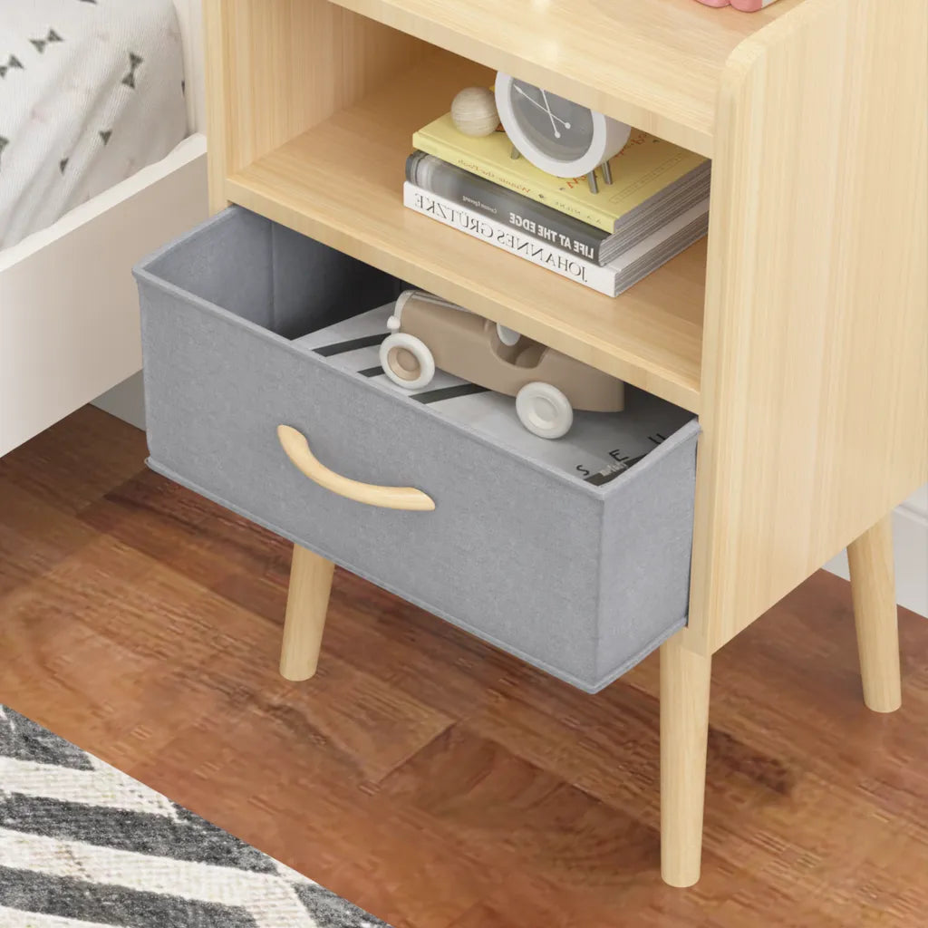 Slim Oak Wood Nightstand With Single Drawer And Open Shelf