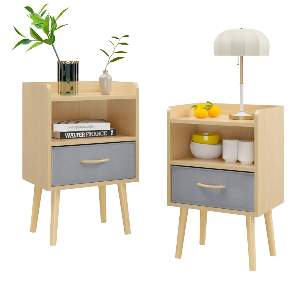 Slim Oak Wood Nightstand With Single Drawer And Open Shelf