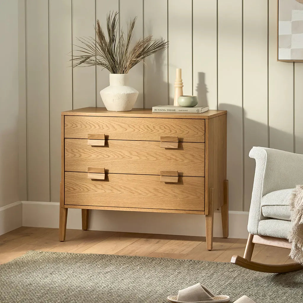 Tall Oak Wood Nightstand With Wide Drawer And Storage Space