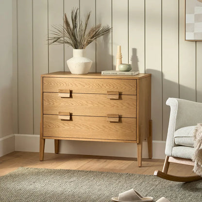 Tall Oak Wood Nightstand With Wide Drawer And Storage Space