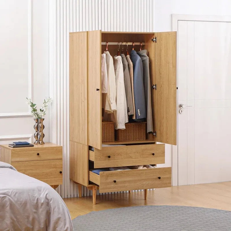 Two Door Oak Wood Wardrobe With Natural Veneer Finish