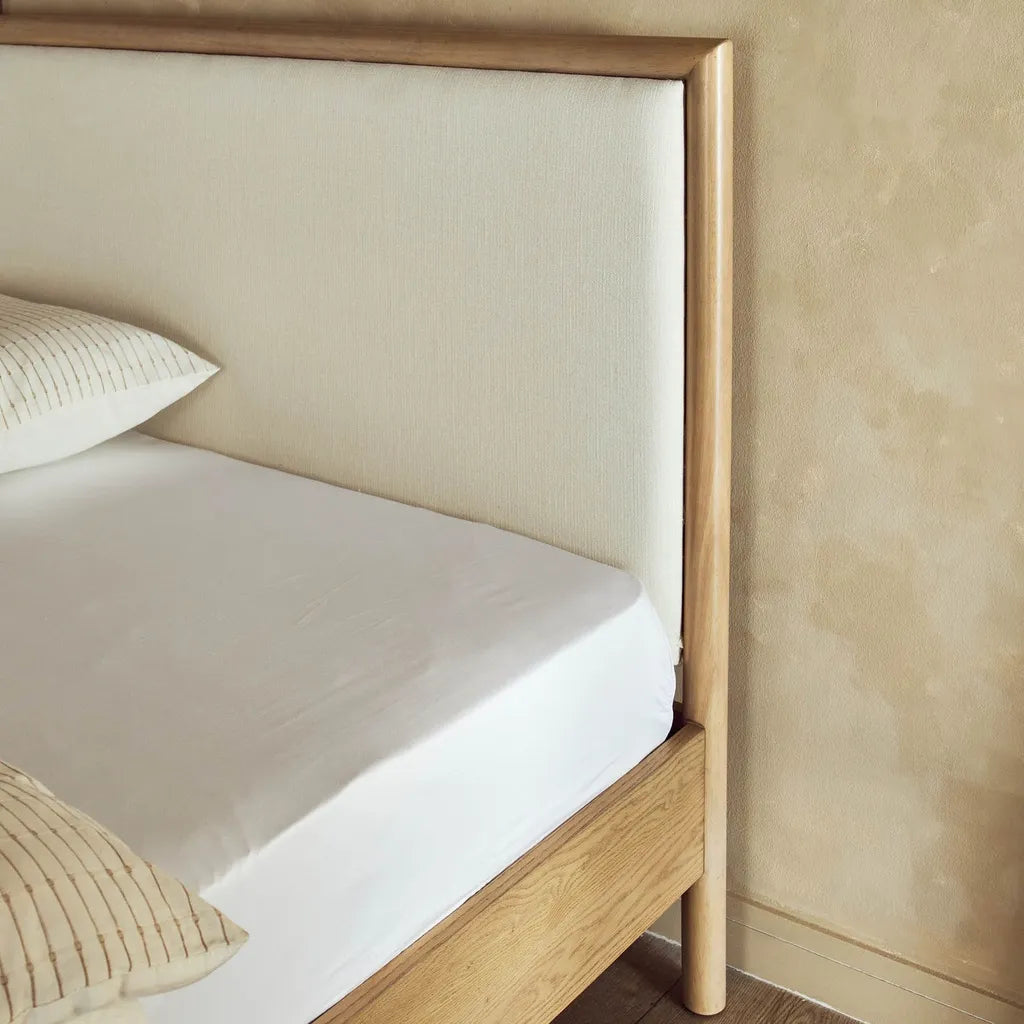 Upholstered Oak Wood Bed Frame With High Headboard