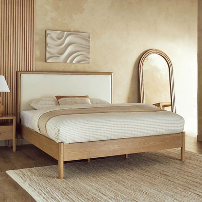 Upholstered Oak Wood Bed Frame With High Headboard