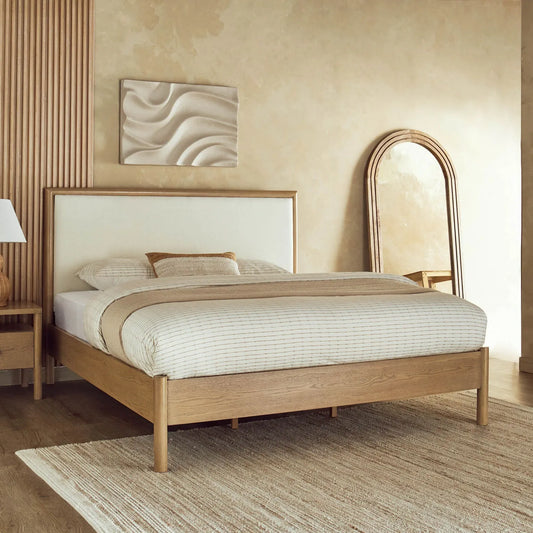 Upholstered Oak Wood Bed Frame With High Headboard
